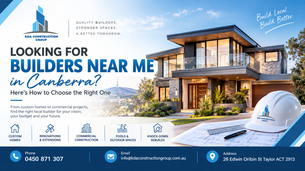 KDA Construction Group builders near me in Canberra featured image showing a modern custom home, architectural plans, construction hard hat and Canberra skyline.